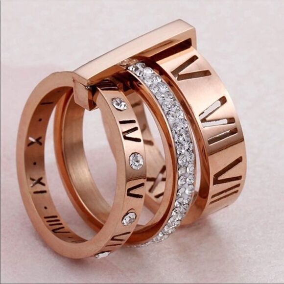 New Rose Gold Roman Trinity Band Ring - Picture 2 of 8